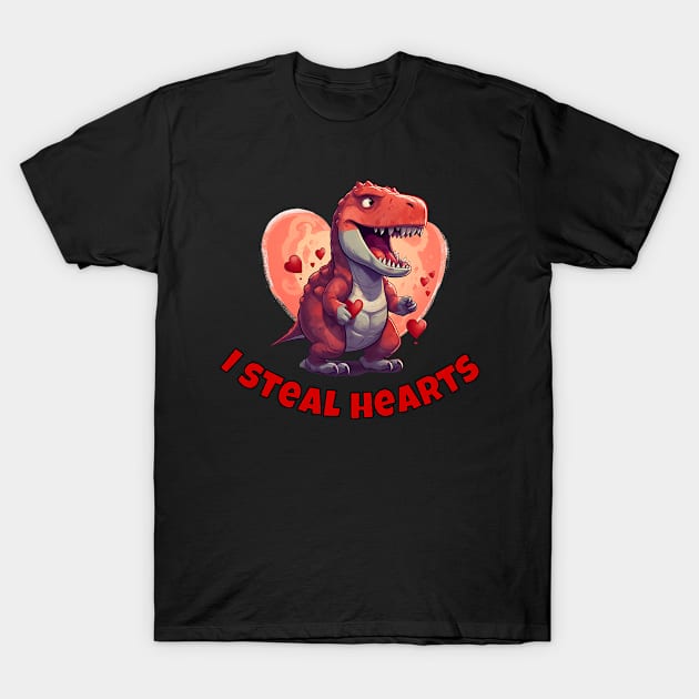 Kids  Boy Valentines Day Dino  I Steal hearts T-Shirt by jadolomadolo